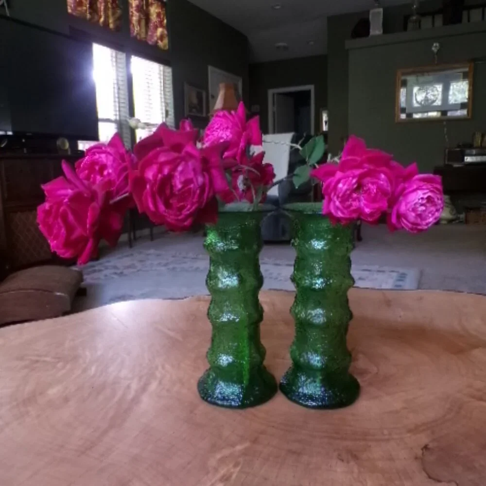 Rare E.O. Brody Emerald Crinkle Glass Vases  Dual-Use Candleholders  USA Made